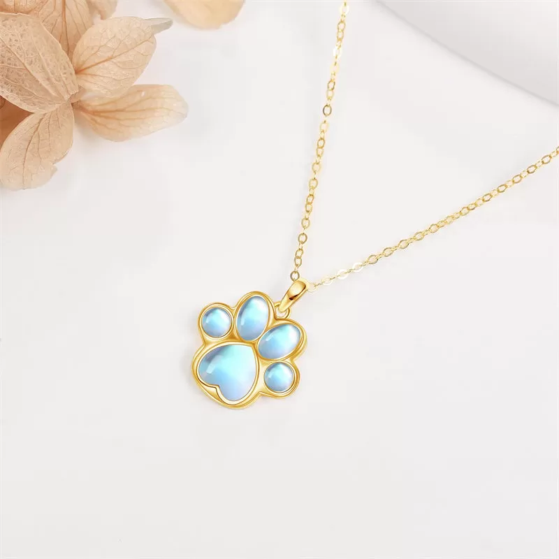 14K Solid Gold Dog Paw Pendant Necklace with Moonstone Solid Gold Jewelry Gift for Women