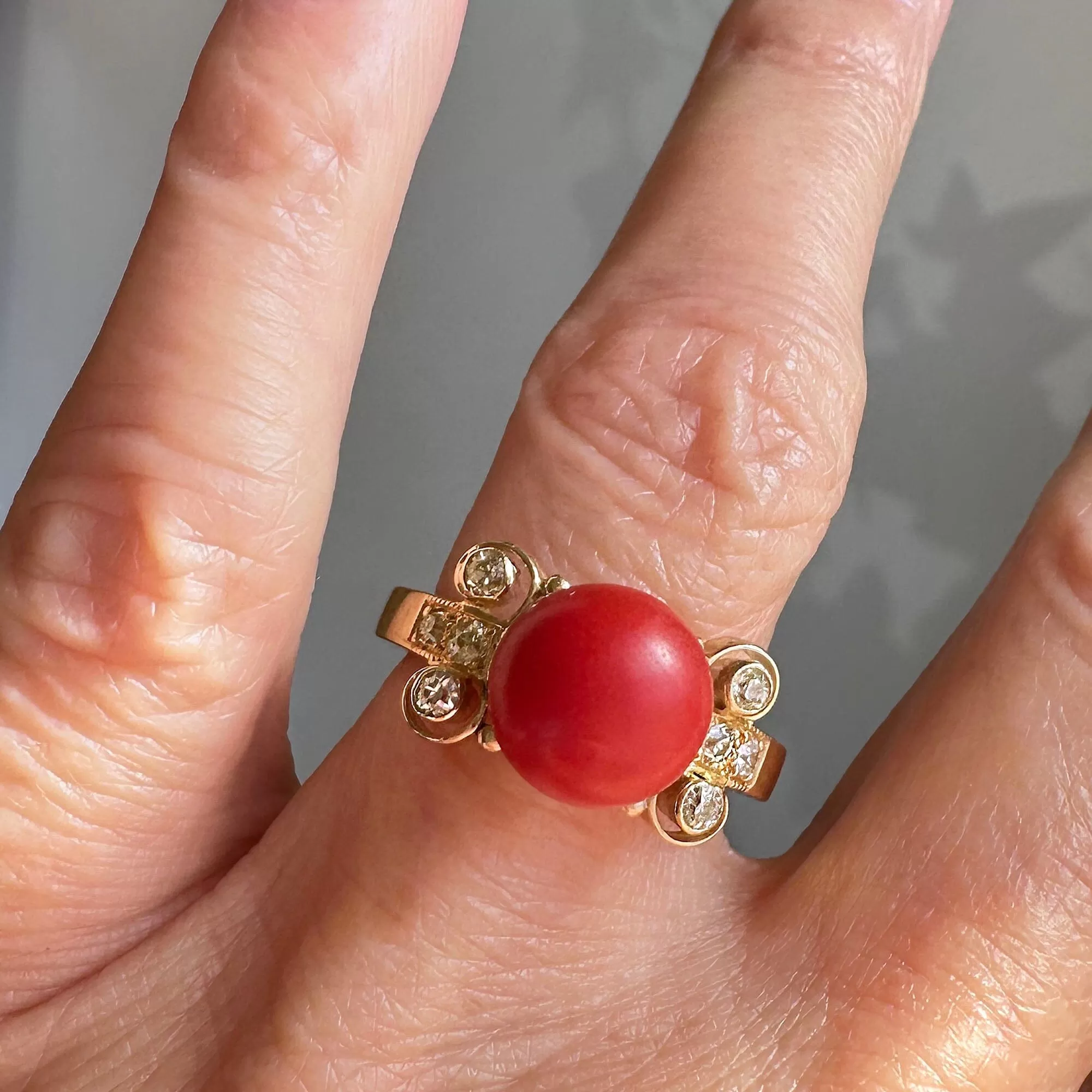 18K Gold Diamond Large Red Orange Mediterranean Coral Ring