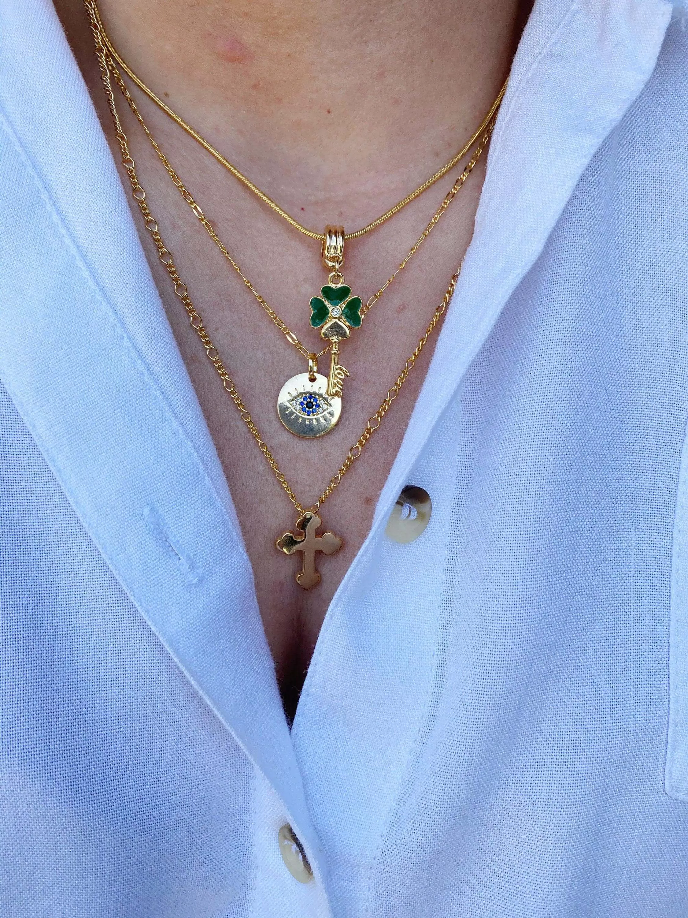 18k Gold Filled Evil Eye, Lucky Clover, Cross Charm Necklace