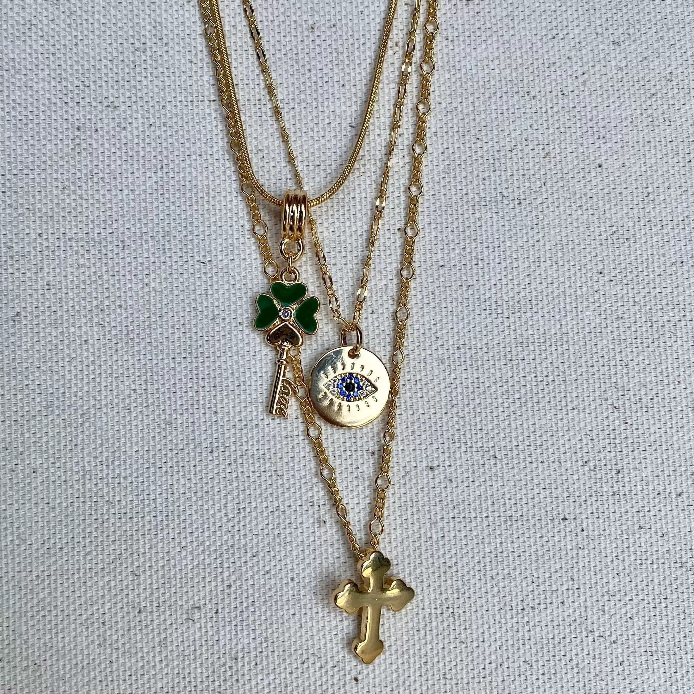 18k Gold Filled Evil Eye, Lucky Clover, Cross Charm Necklace