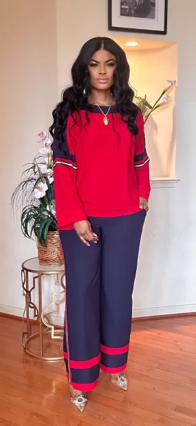 2 PIECE LONGSLEEVE TOP-PALAZZO PANT SET(Red-Darkblue)