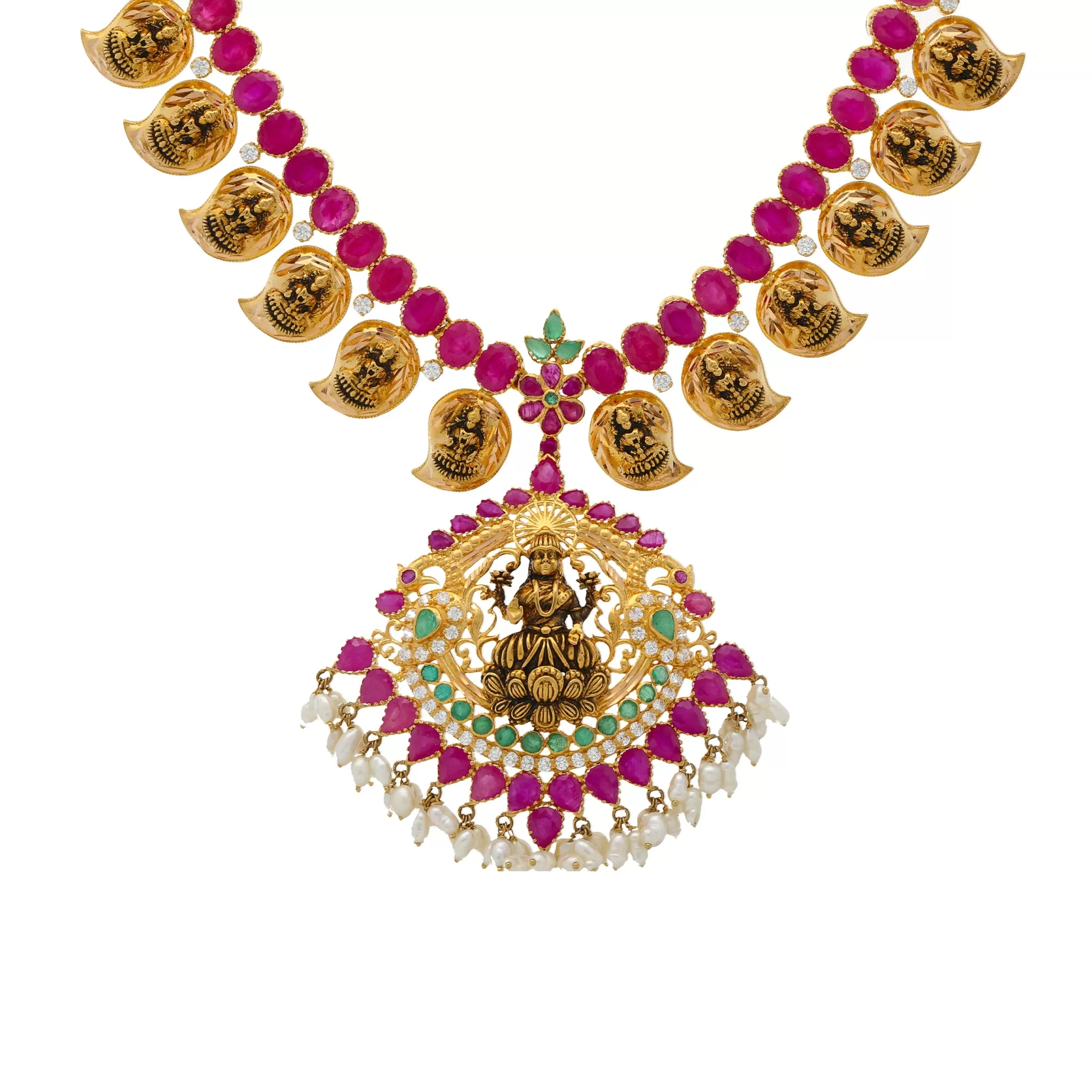 22K Yellow Gold, Gemstone, CZ, & Pearl Lakshmi Necklace(70.3gm)