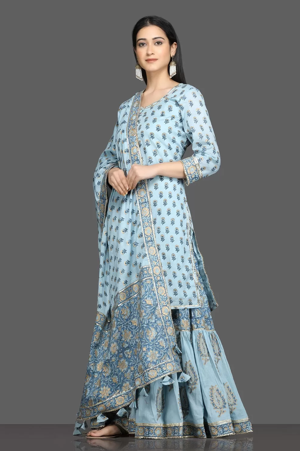 502656 Light Blue Printed Cotton Sharara Suit