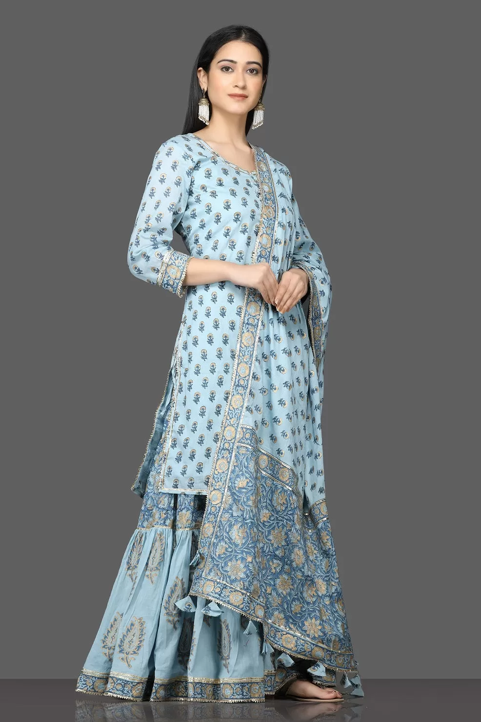 502656 Light Blue Printed Cotton Sharara Suit