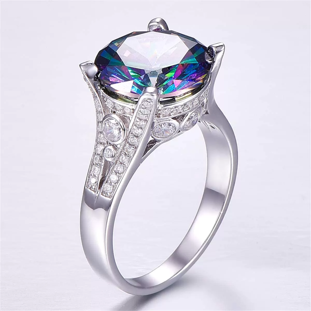 925 Sterling Silver Rings for Her 10.5Ct round Cut Created Mystic Rainbow Topaz Cubic Zirconia CZ Solitaire Promise Engagement Ring