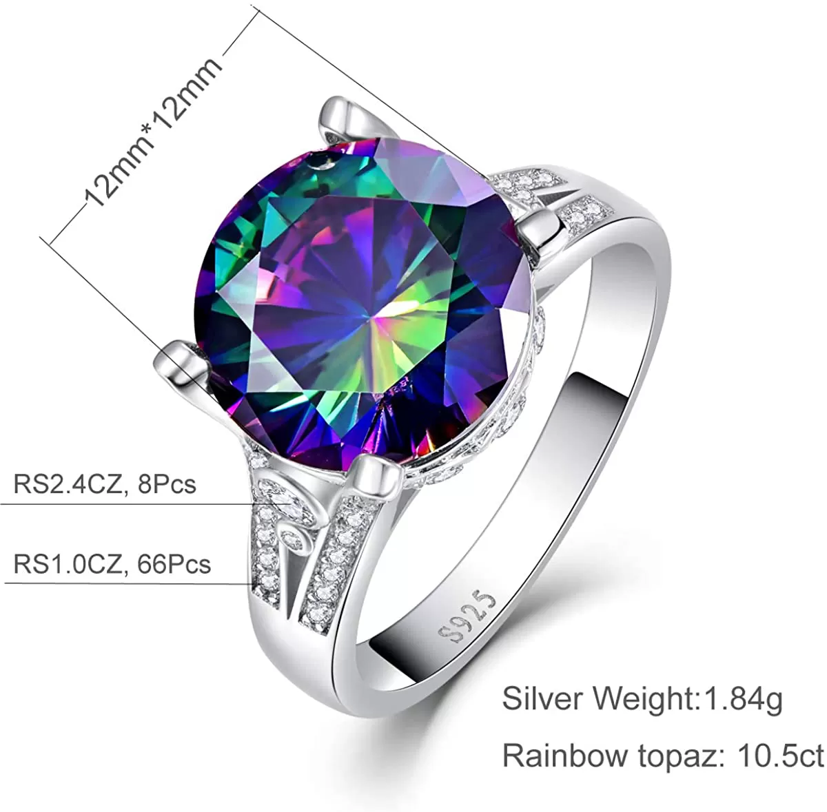 925 Sterling Silver Rings for Her 10.5Ct round Cut Created Mystic Rainbow Topaz Cubic Zirconia CZ Solitaire Promise Engagement Ring