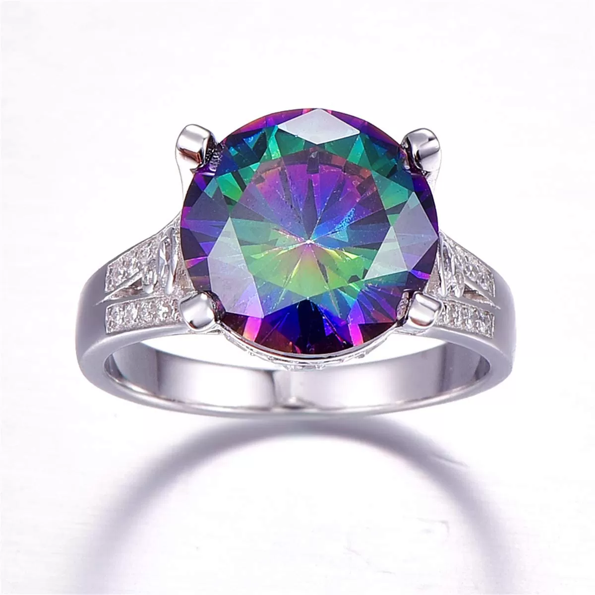 925 Sterling Silver Rings for Her 10.5Ct round Cut Created Mystic Rainbow Topaz Cubic Zirconia CZ Solitaire Promise Engagement Ring