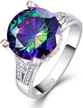 925 Sterling Silver Rings for Her 10.5Ct round Cut Created Mystic Rainbow Topaz Cubic Zirconia CZ Solitaire Promise Engagement Ring