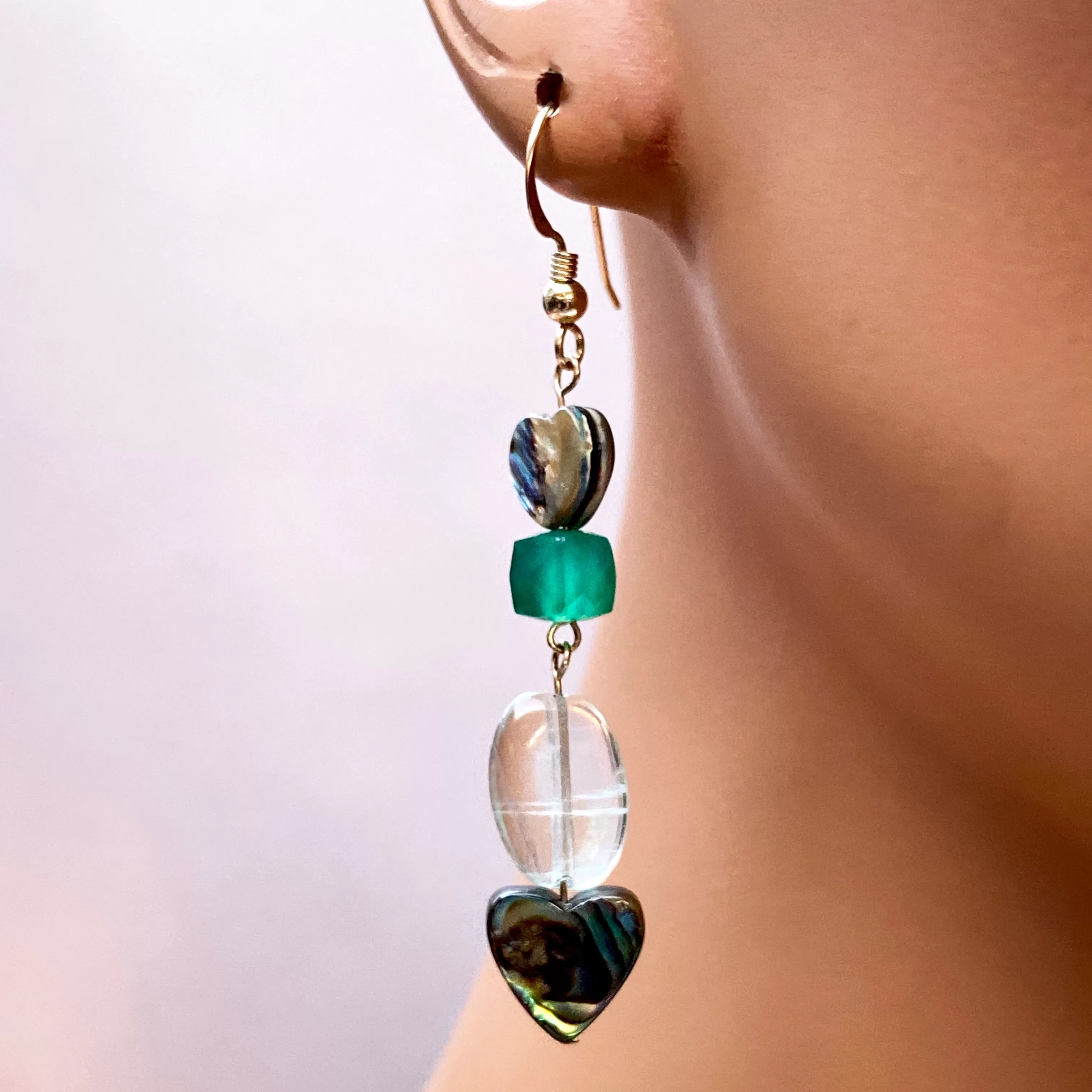 Abalone shell Heart, Green Onyx gemstone, and Green Amethyst drop earrings