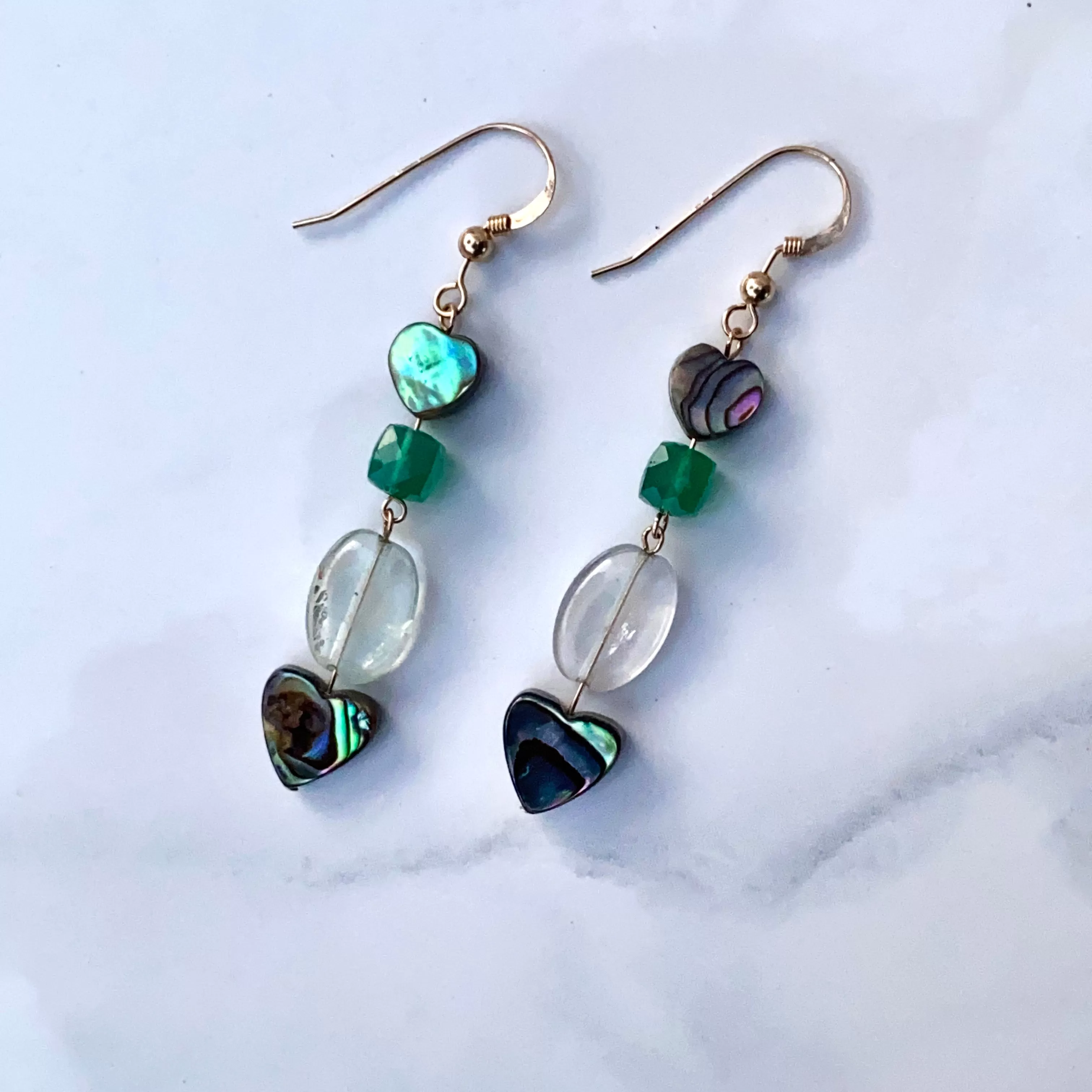 Abalone shell Heart, Green Onyx gemstone, and Green Amethyst drop earrings