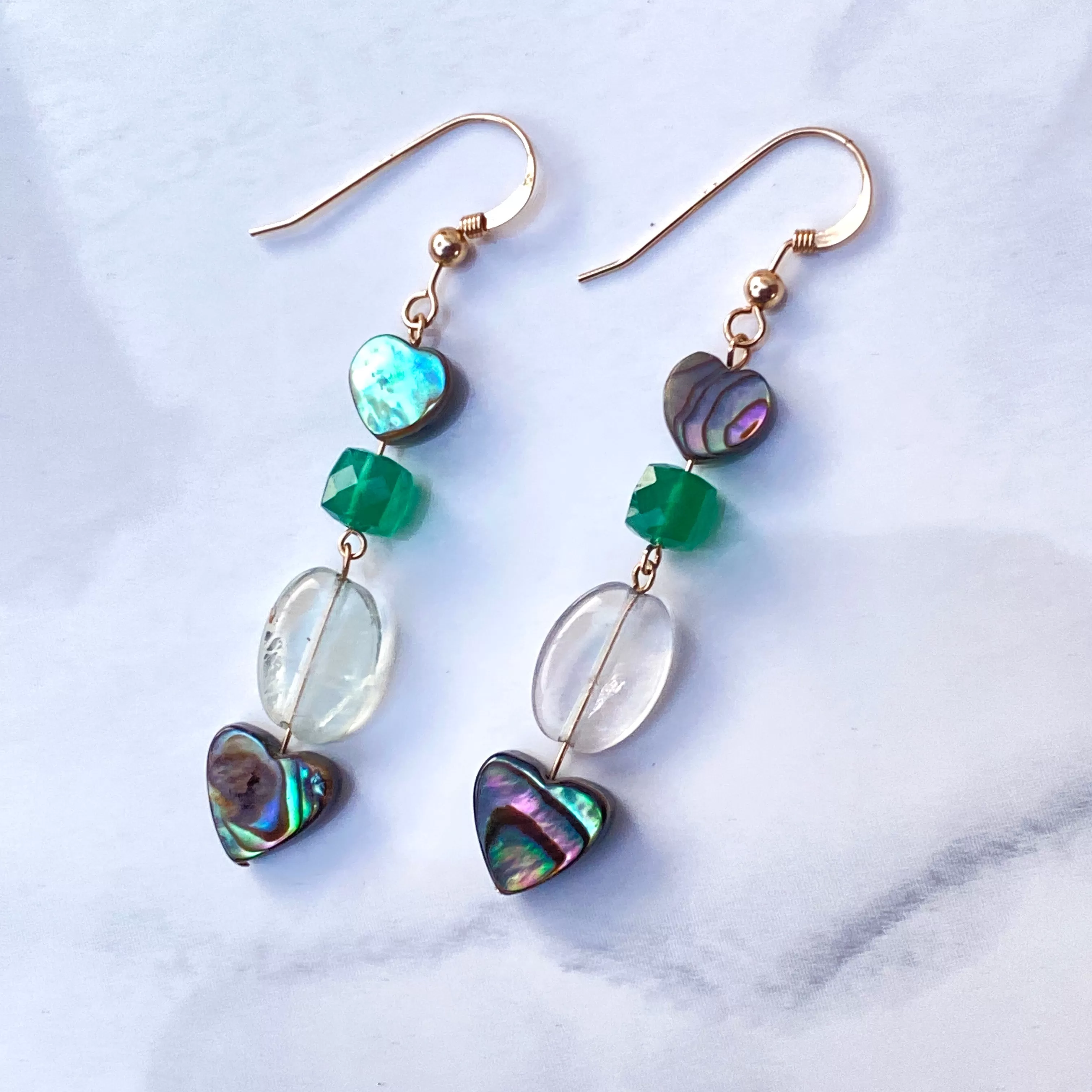 Abalone shell Heart, Green Onyx gemstone, and Green Amethyst drop earrings