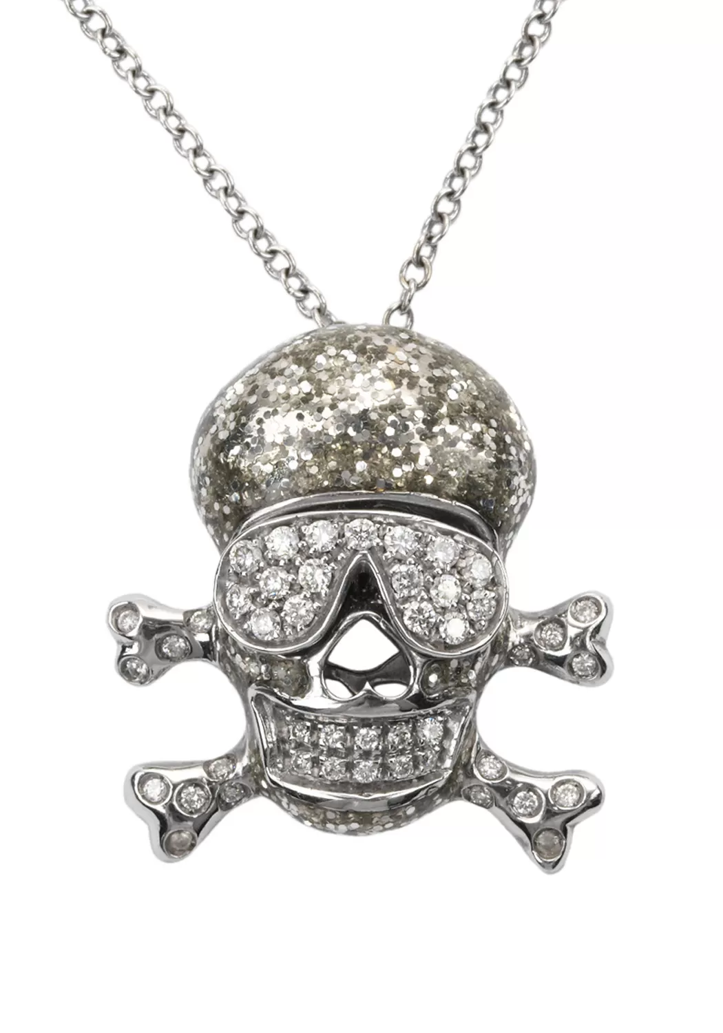 Adolfo Courrier 18KWG Diamond Skull & Crossbones Pendant Necklace