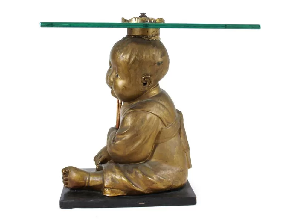 American Chalkware Seated Asian Infant Figure Side Table