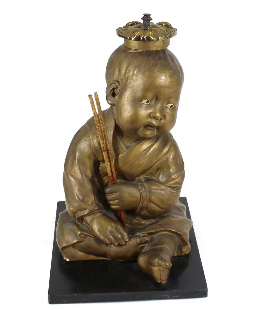 American Chalkware Seated Asian Infant Figure Side Table