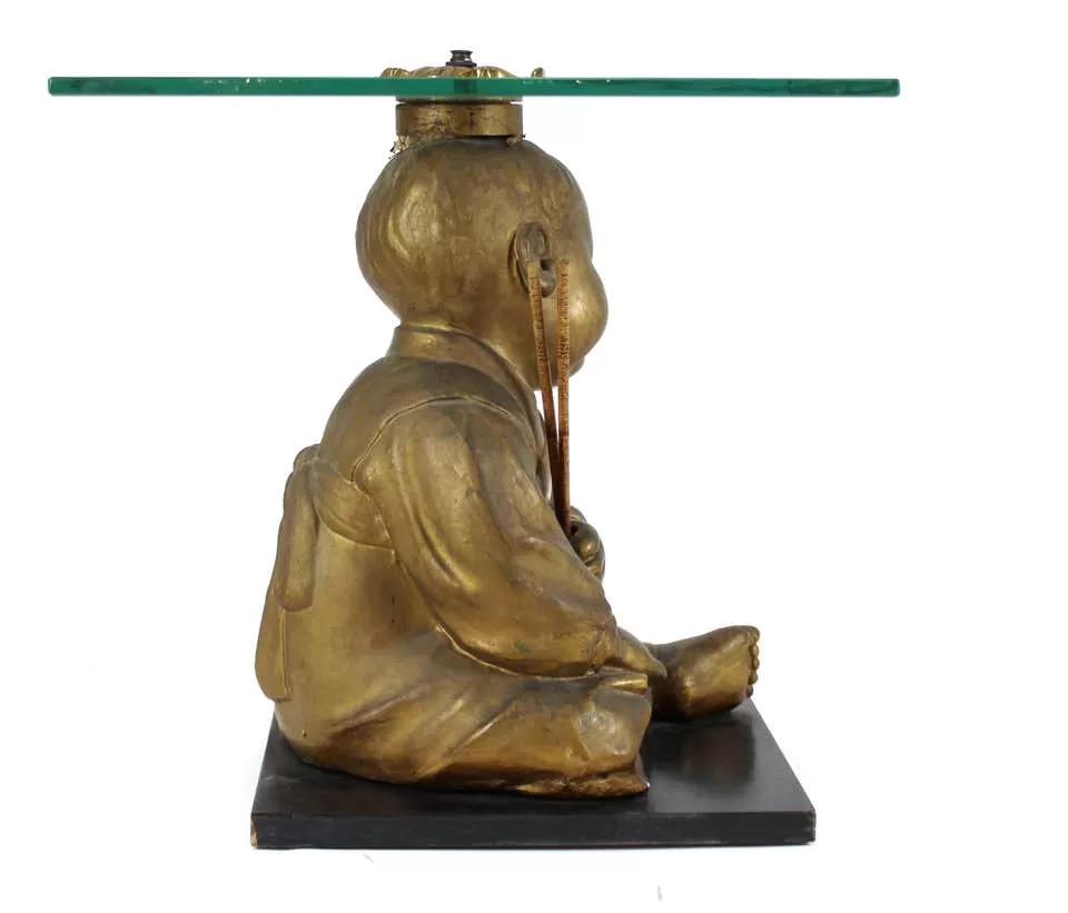 American Chalkware Seated Asian Infant Figure Side Table