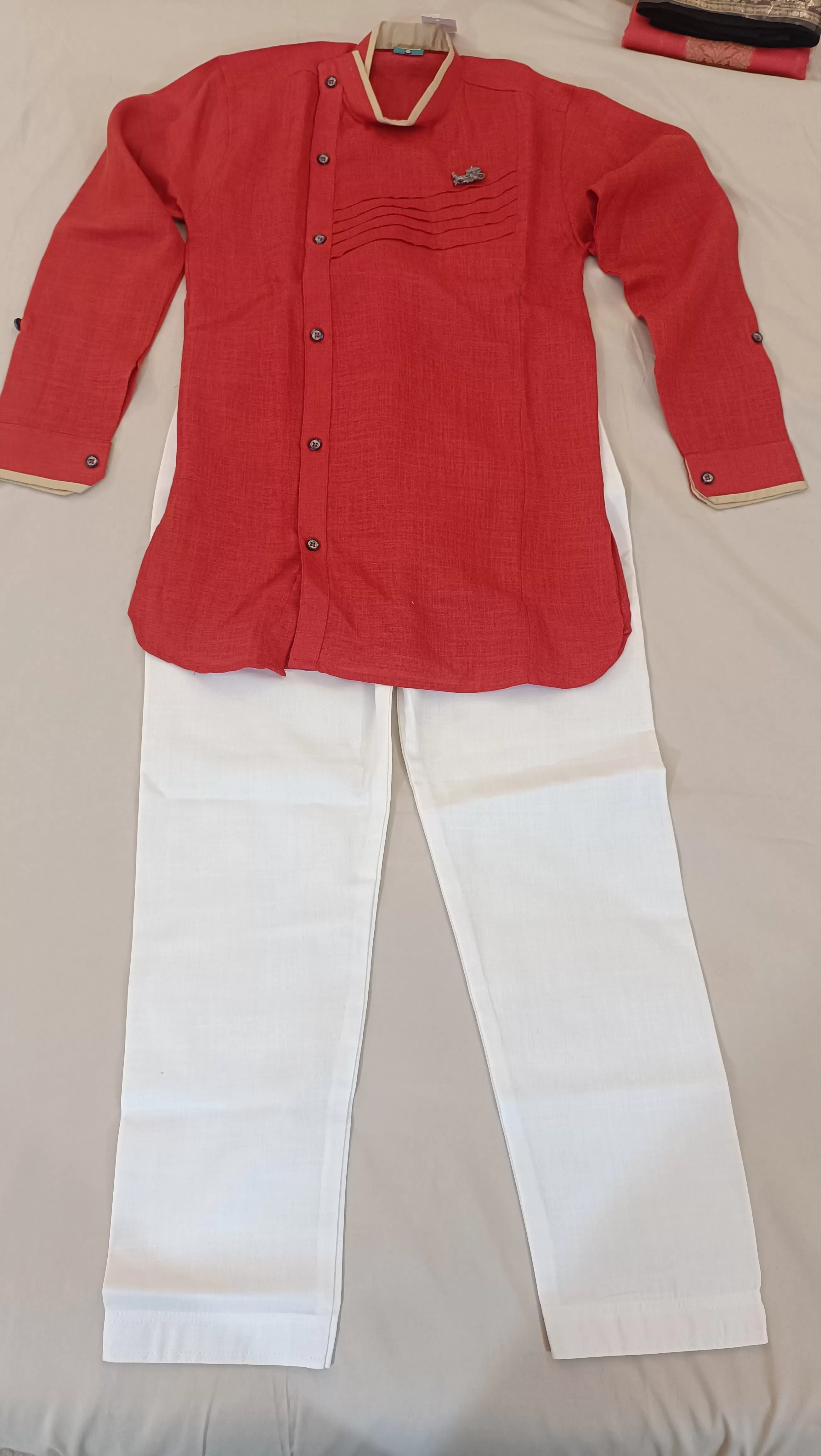 Appealing Red Color Silk Cotton Kurta Set For Kids