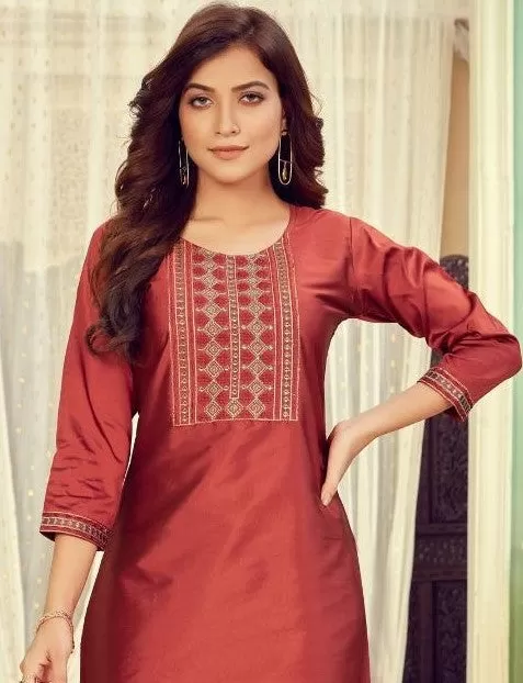 Appealing Red Silk Cotton 3/4th Sleeved Kurti