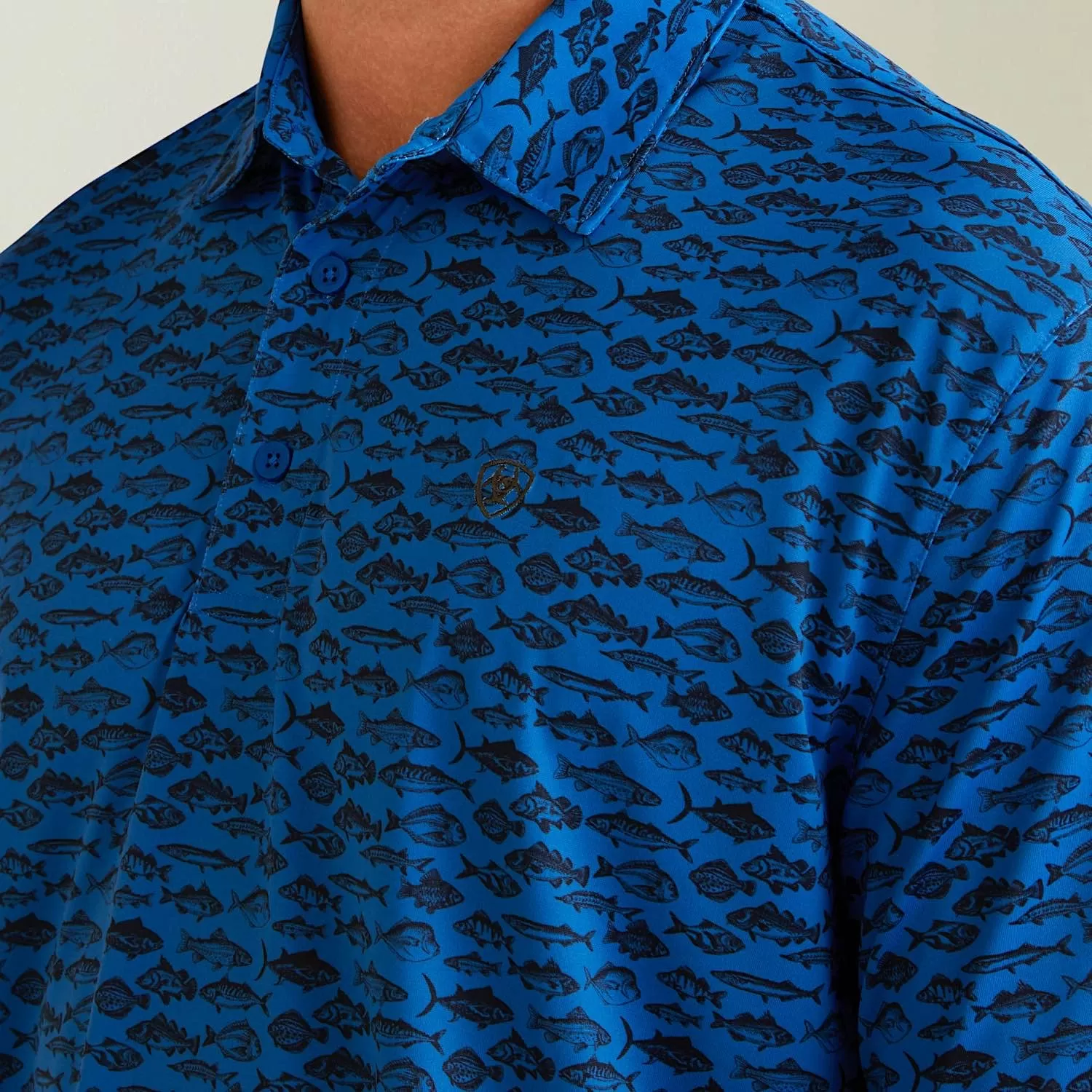 Ariat Mens All Over Fish Print S/S Polo Cendre Blue