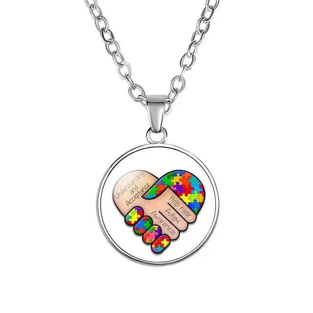 Autism Red Ribbon Puzzle Pendants Cabochon Glass Dome Necklace New Arrival Caring theme Handmade Long Chains Necklaces Jewelry