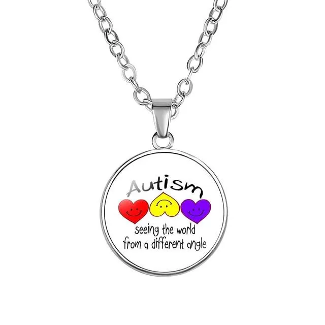 Autism Red Ribbon Puzzle Pendants Cabochon Glass Dome Necklace New Arrival Caring theme Handmade Long Chains Necklaces Jewelry