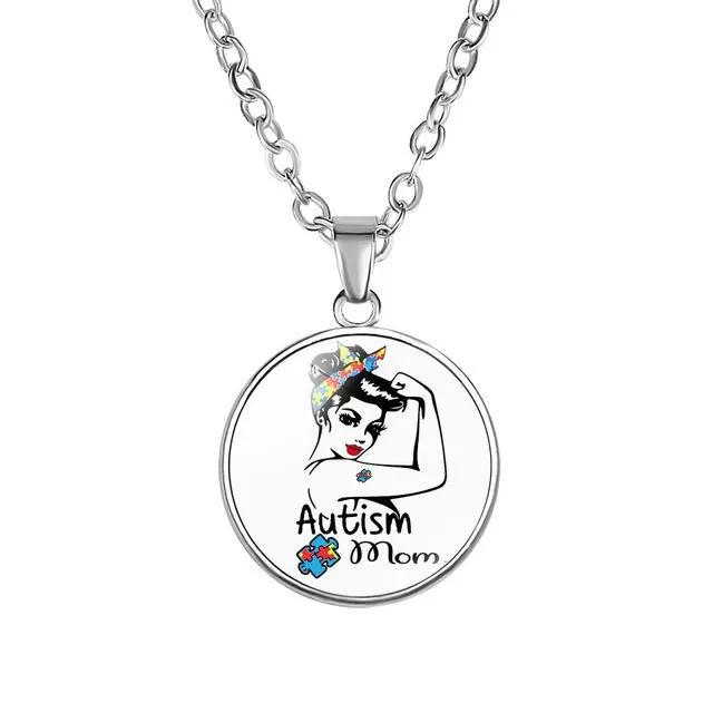 Autism Red Ribbon Puzzle Pendants Cabochon Glass Dome Necklace New Arrival Caring theme Handmade Long Chains Necklaces Jewelry