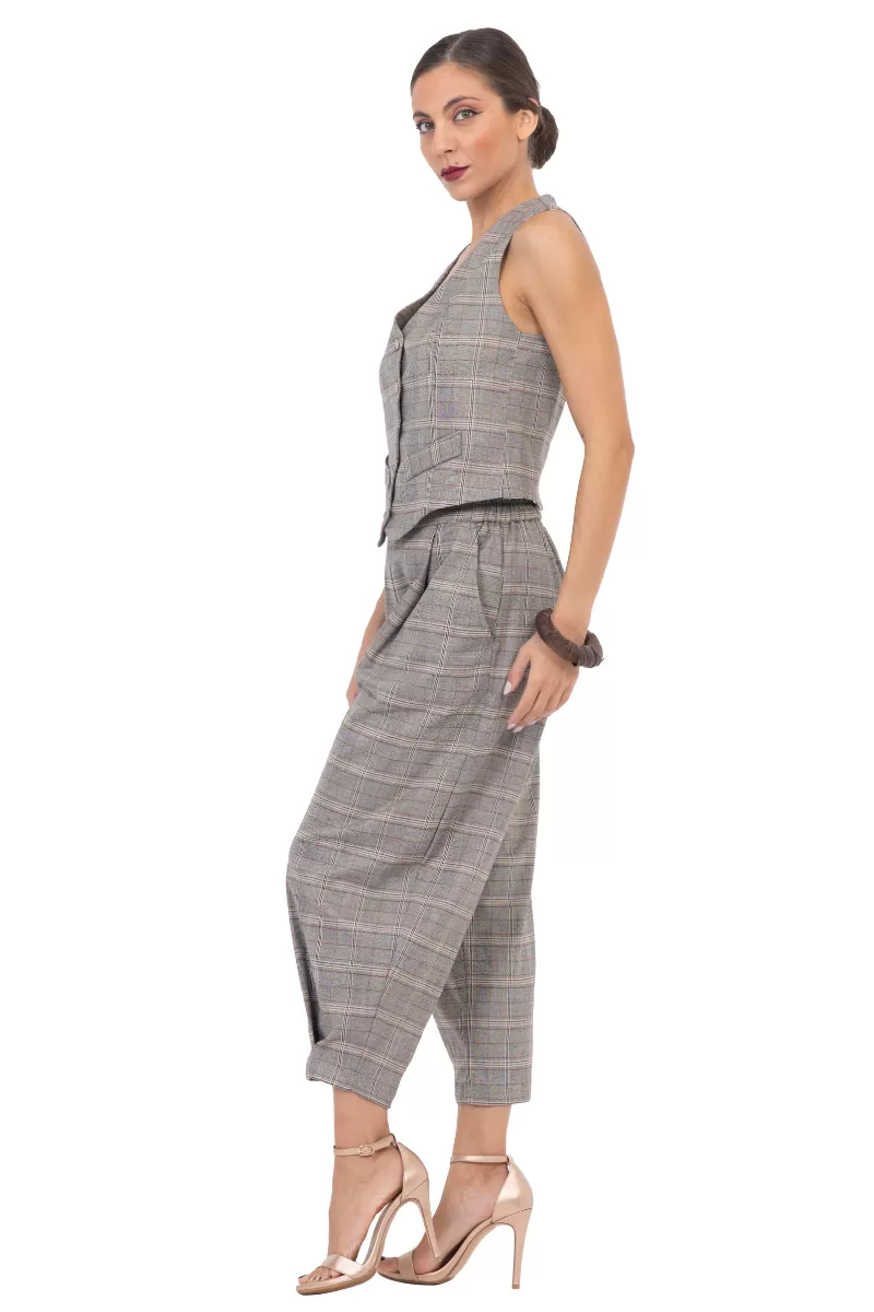 Beige Checked Women's Suit Vest