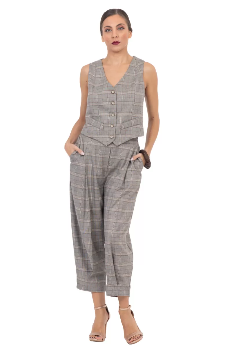 Beige Checked Women's Suit Vest