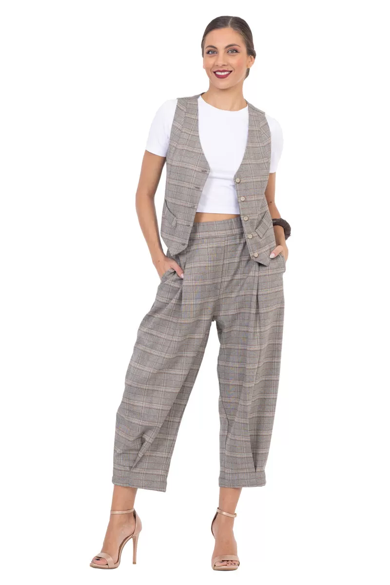 Beige Checked Women's Suit Vest