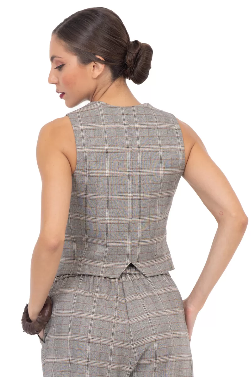 Beige Checked Women's Suit Vest