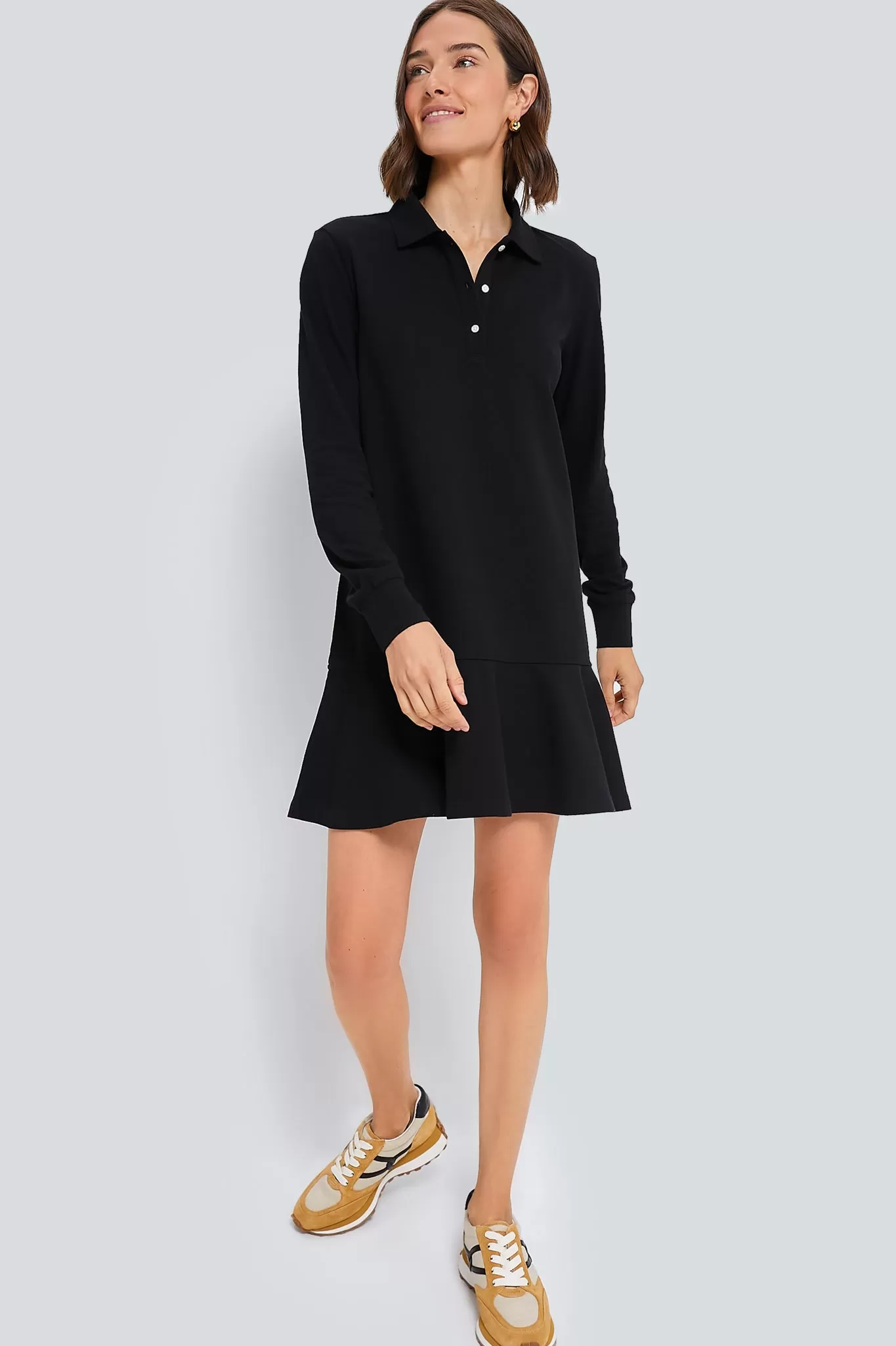 Black Long Sleeve Pique May Polo Dress