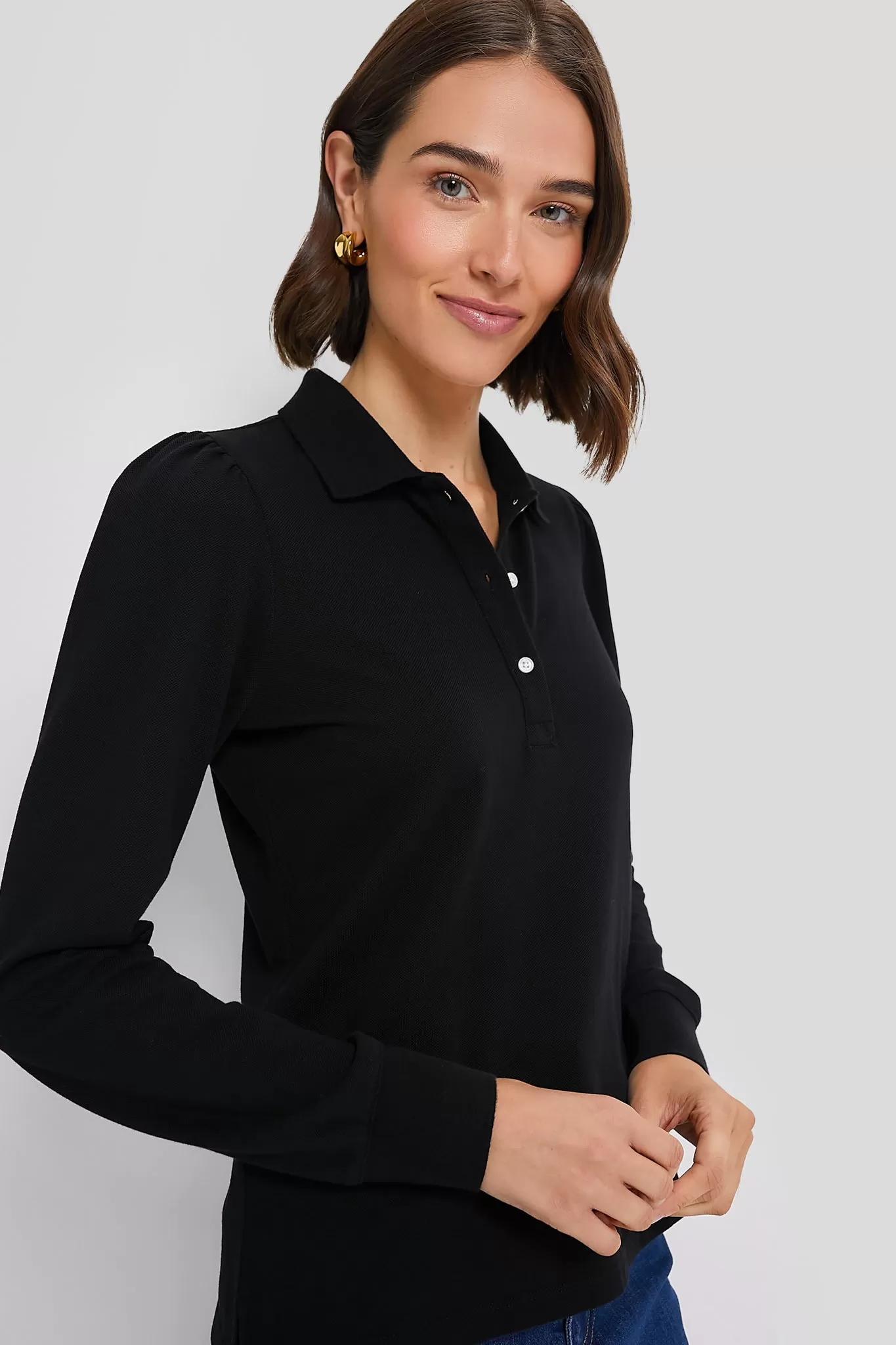 Black Long Sleeve Pique Puff Sleeve Peggy Polo