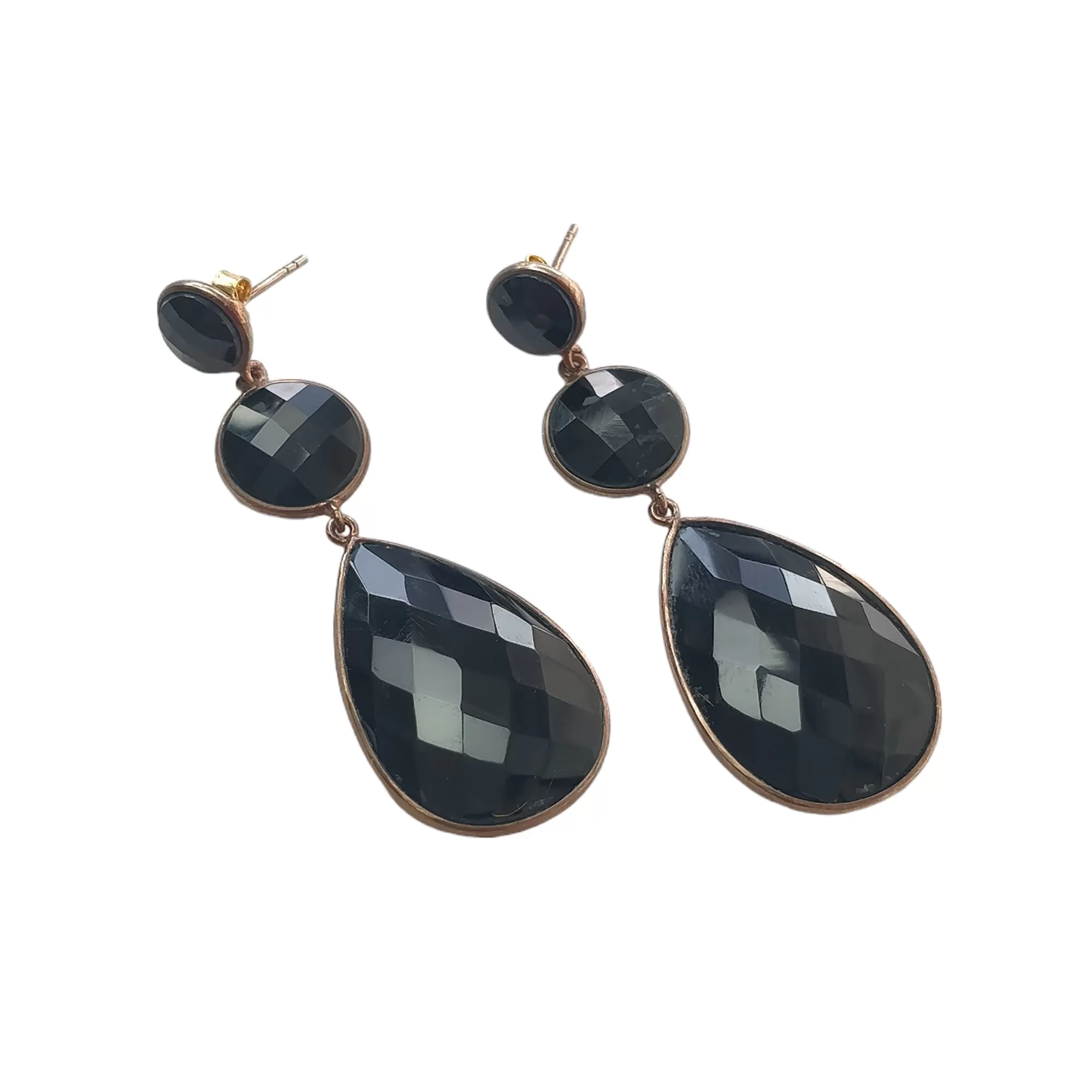 Black ONYX Gemstone With 925 Sterling Silver Earring: 12.66gms Natural Pear Round Shape Rose Gold Plated Bezel Set Push Back Earring 2.5"