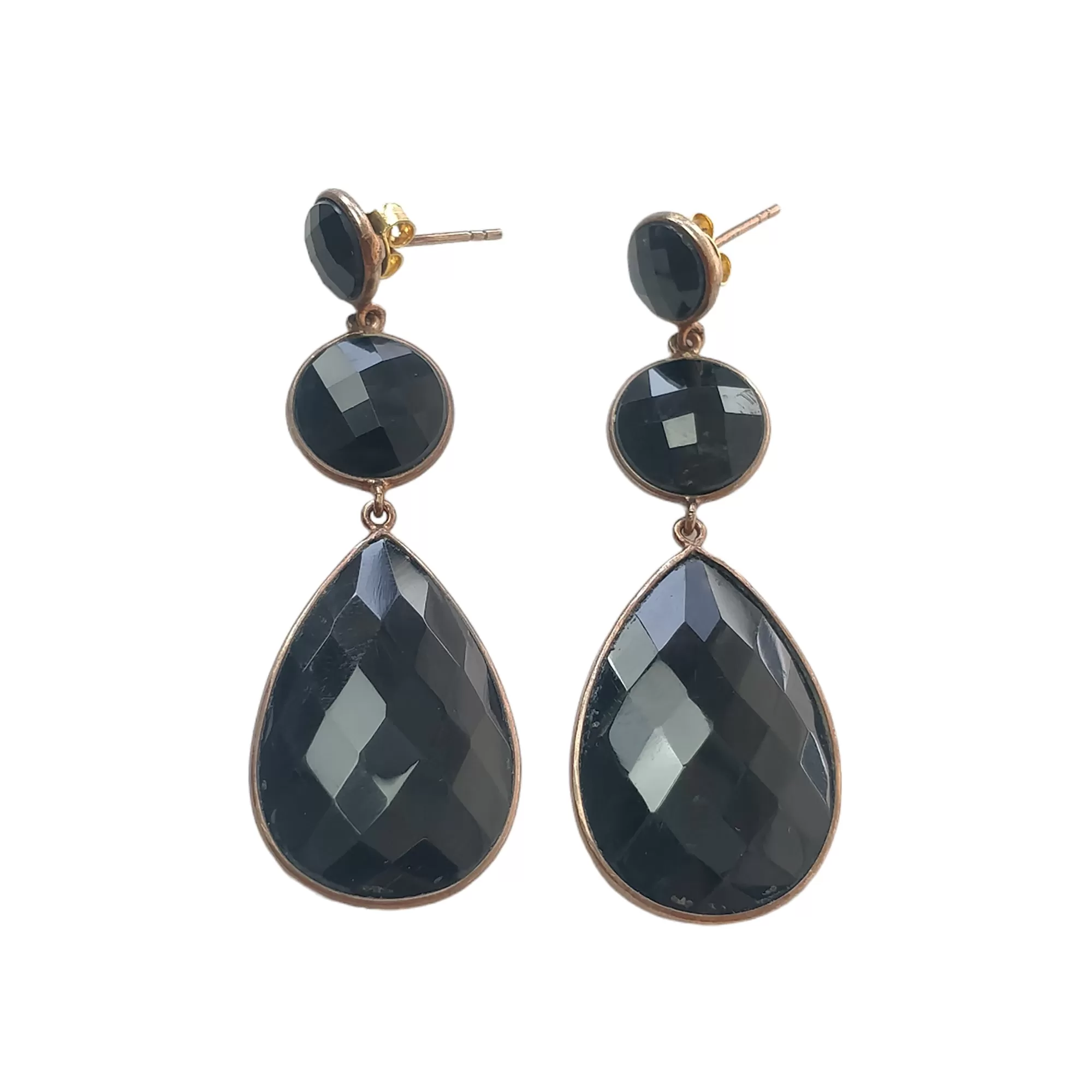 Black ONYX Gemstone With 925 Sterling Silver Earring: 12.66gms Natural Pear Round Shape Rose Gold Plated Bezel Set Push Back Earring 2.5"