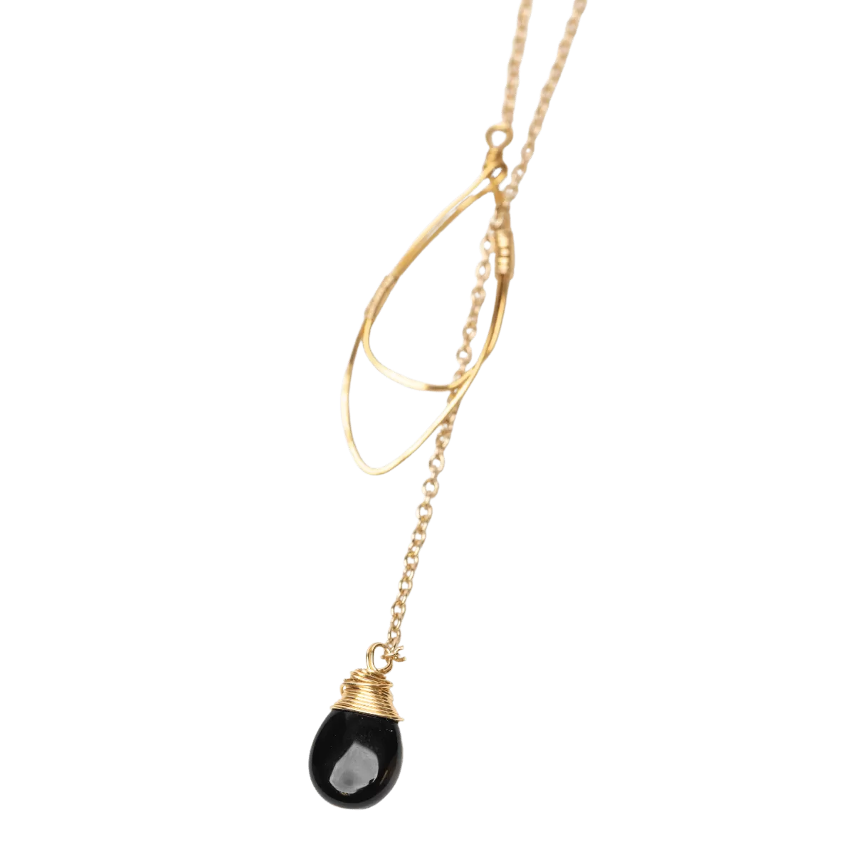 Black Onyx Teardrop Lariat Necklace in Gold