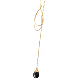 Black Onyx Teardrop Lariat Necklace in Gold