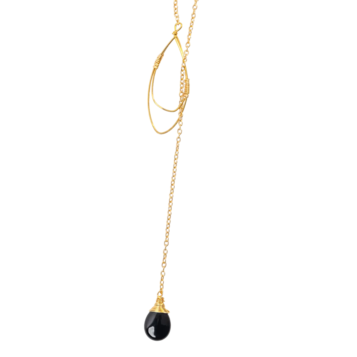 Black Onyx Teardrop Lariat Necklace in Gold