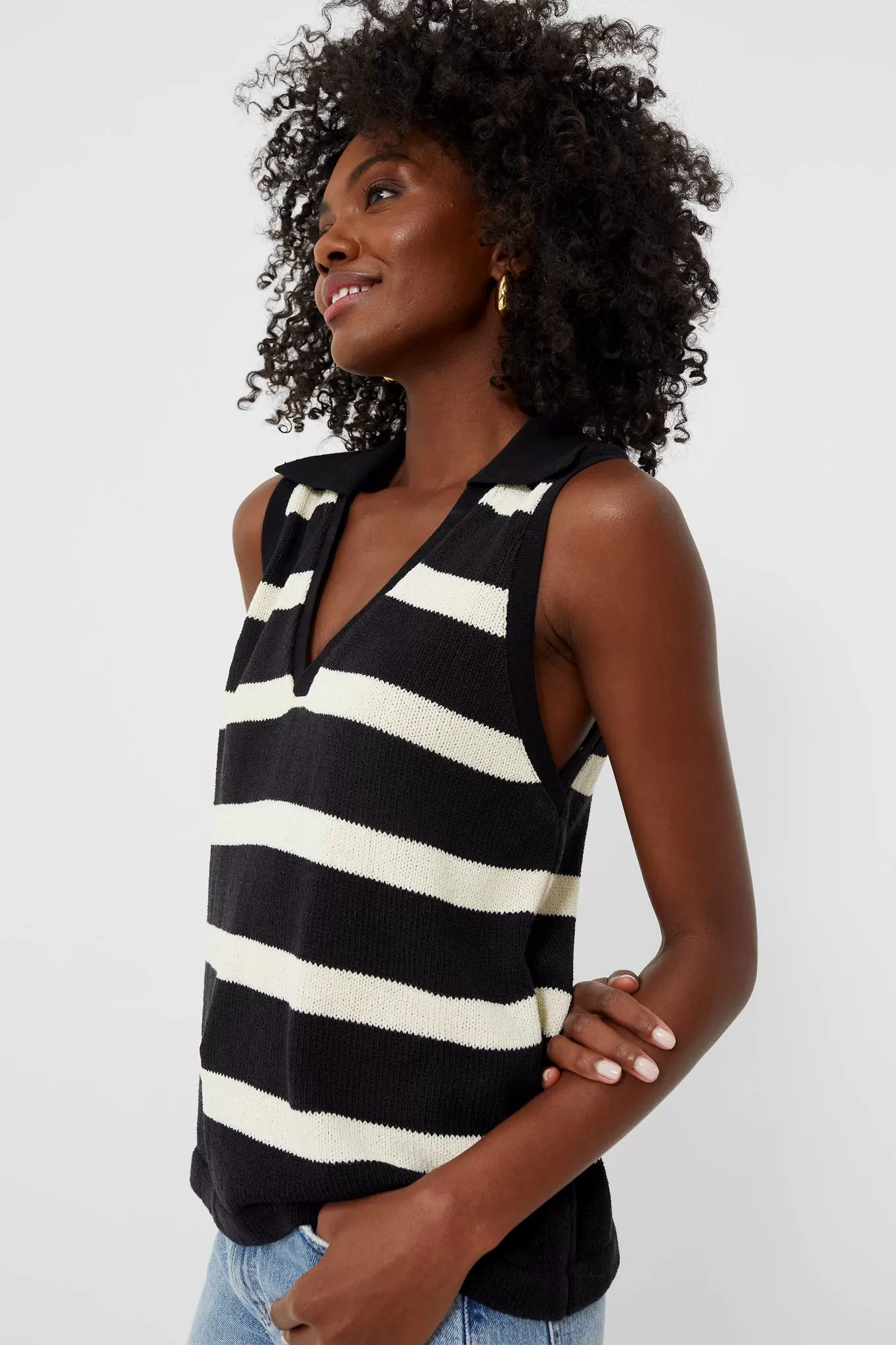 Black Stripe Knit Ada Polo Tank