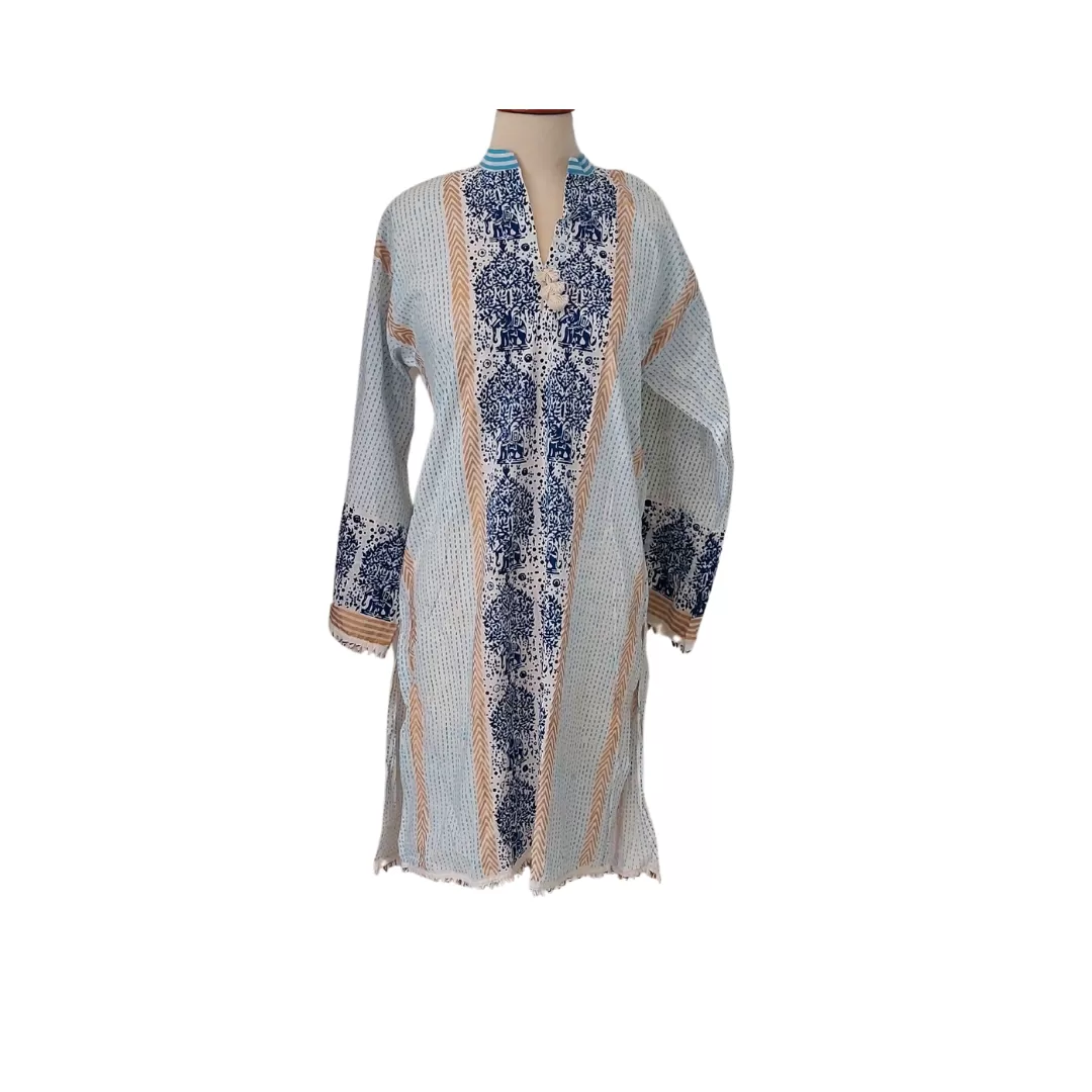 Blocked White, Blue, and Gold Printed White Tassel Kurta | Gently Used |