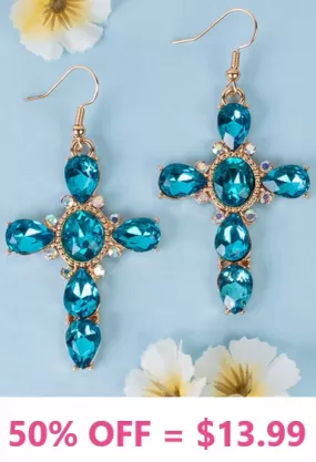 Blue Bling Rhinestone ornate cross earrings