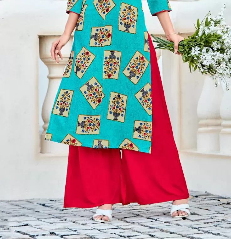 Blue Printed Mandarin Neck Rayon And Cotton Mix Kurti