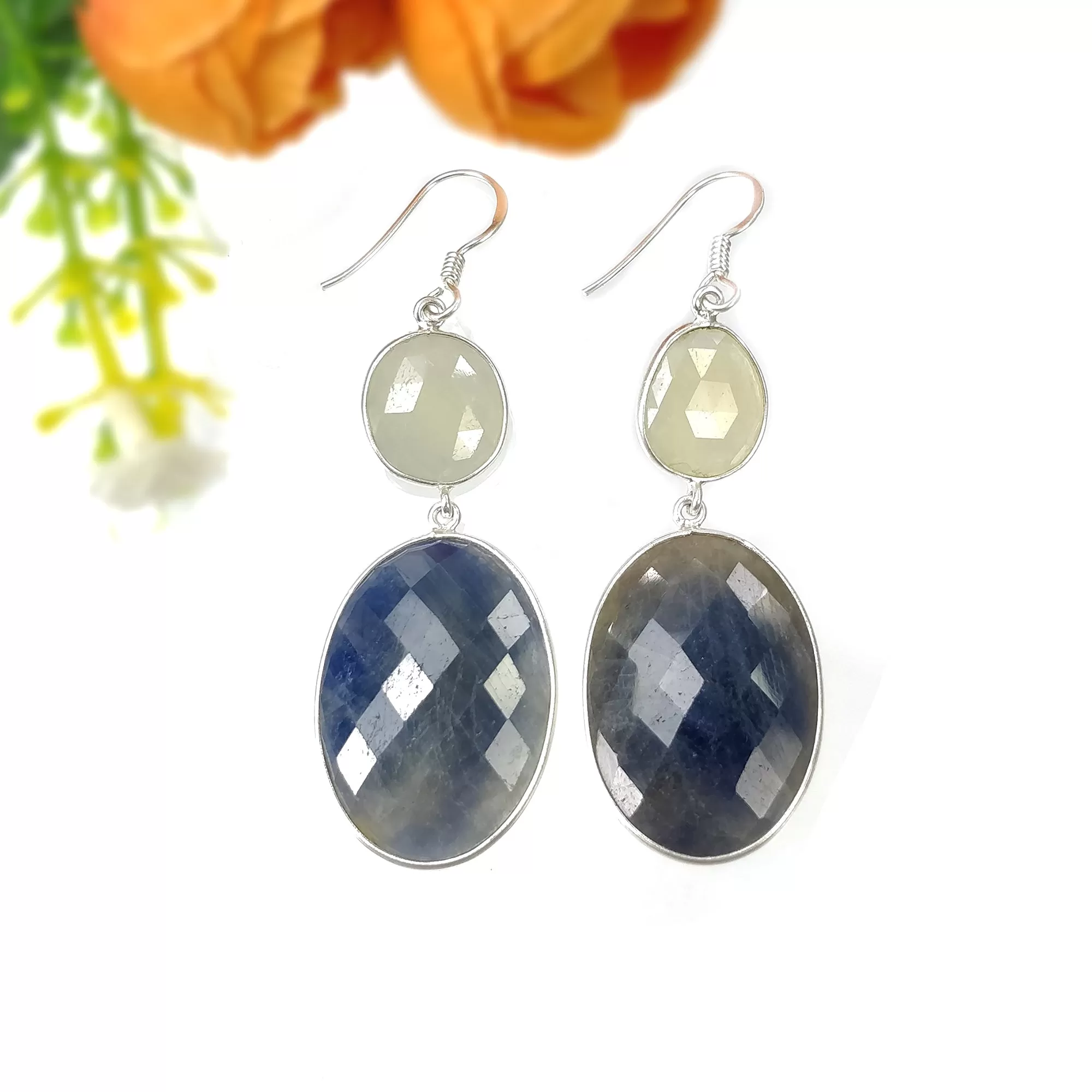 BLUE YELLOW SAPPHIRE Gemstone Earring : 13.12gms Natural Sapphire 925 Sterling Silver Drop Dangle Bezel Set Earrings 2.40"