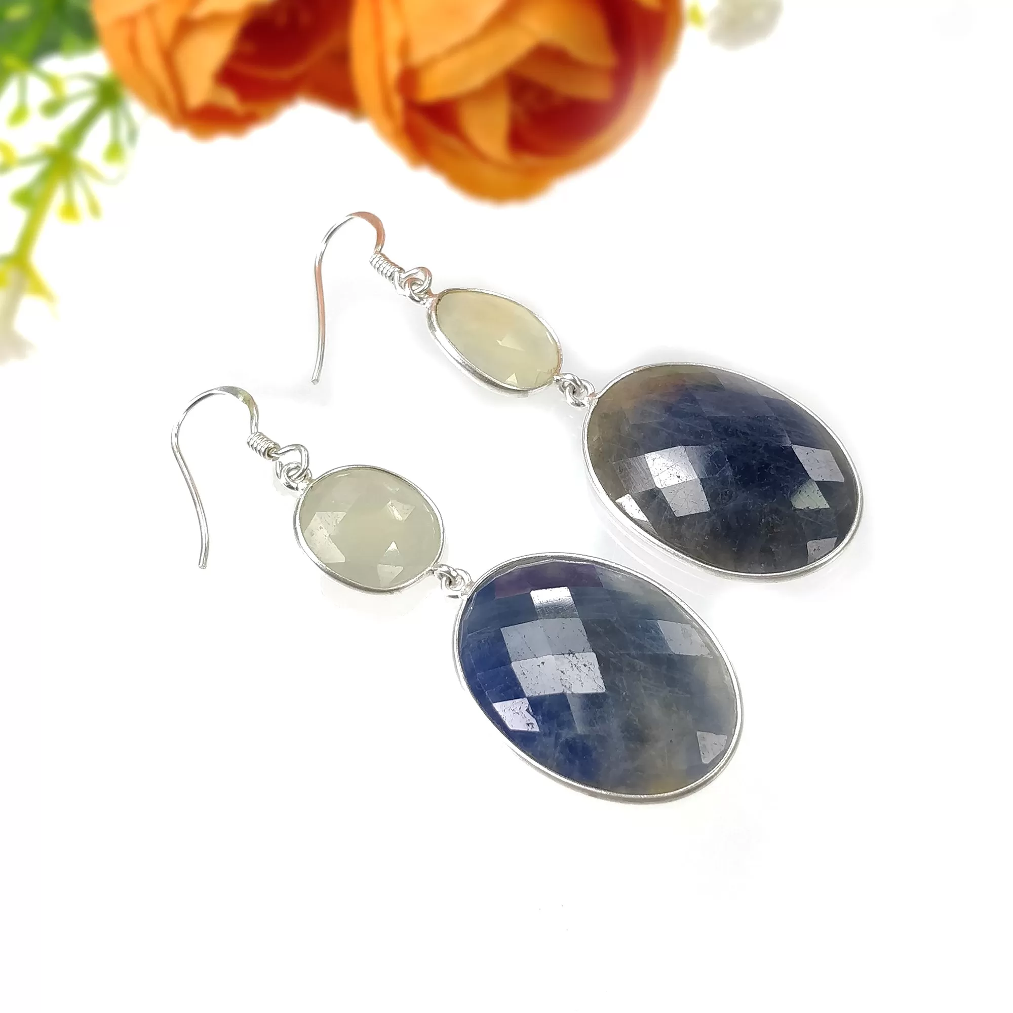 BLUE YELLOW SAPPHIRE Gemstone Earring : 13.12gms Natural Sapphire 925 Sterling Silver Drop Dangle Bezel Set Earrings 2.40"