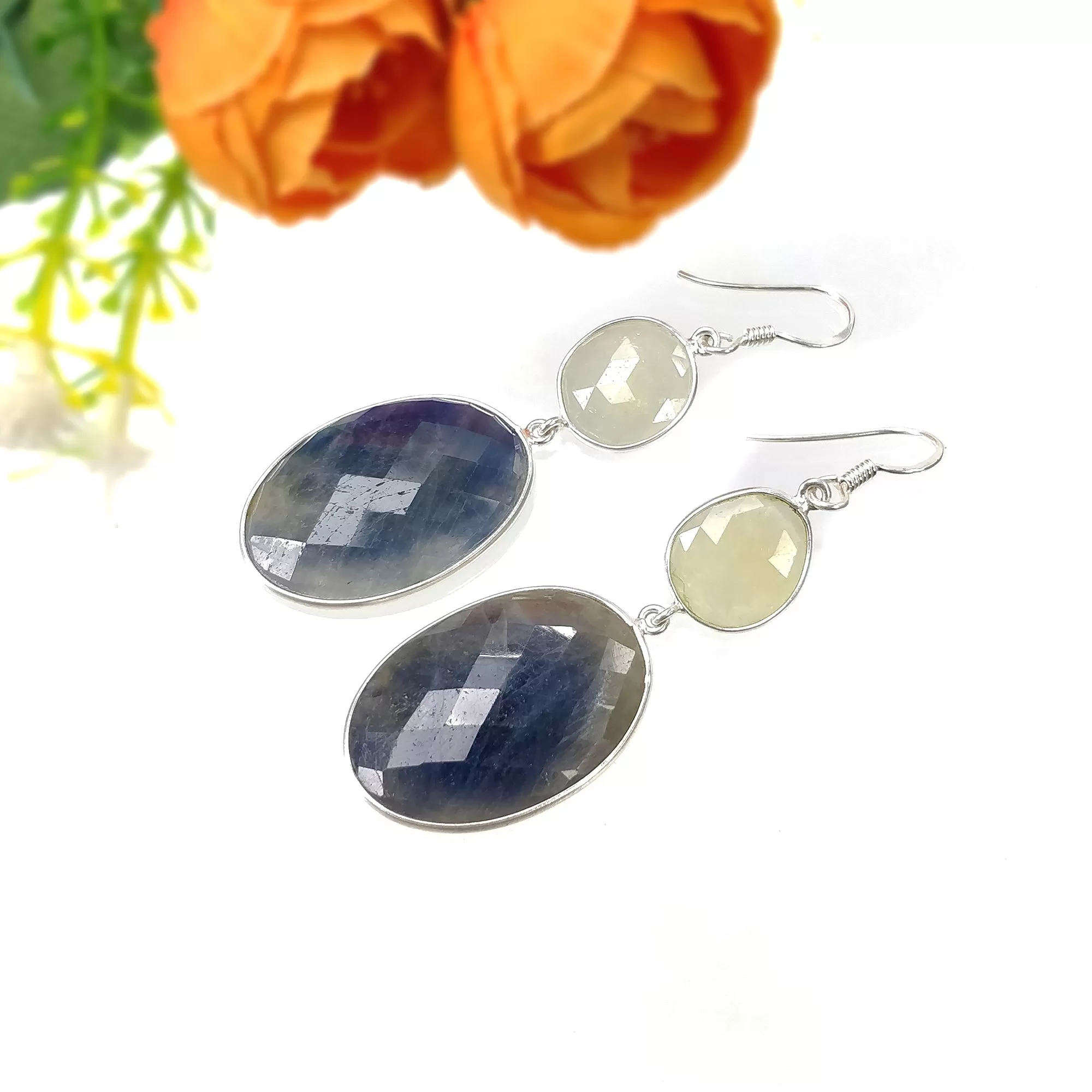 BLUE YELLOW SAPPHIRE Gemstone Earring : 13.12gms Natural Sapphire 925 Sterling Silver Drop Dangle Bezel Set Earrings 2.40"