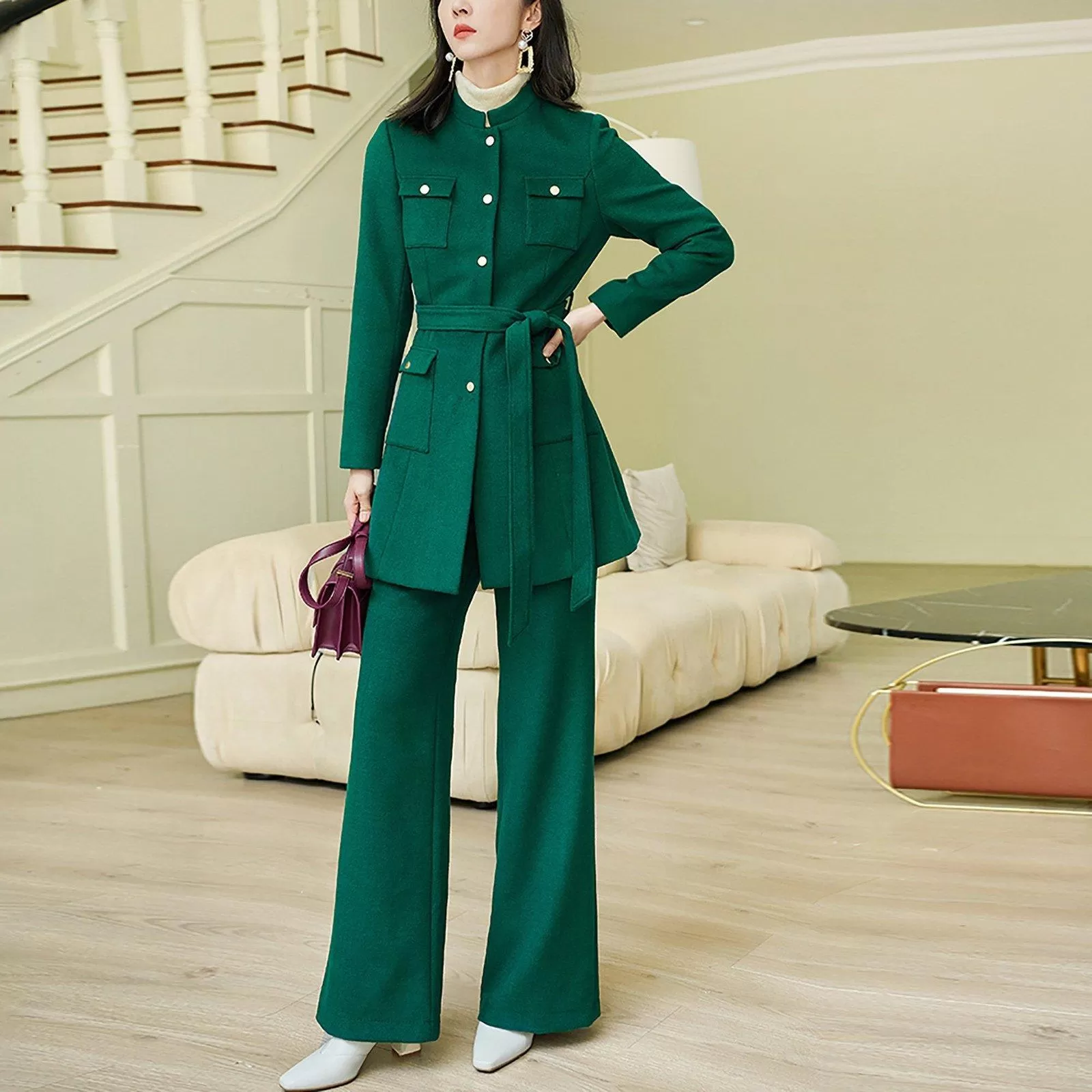 Carol Wool Blend Collarless Belted Jacket & Pant Set