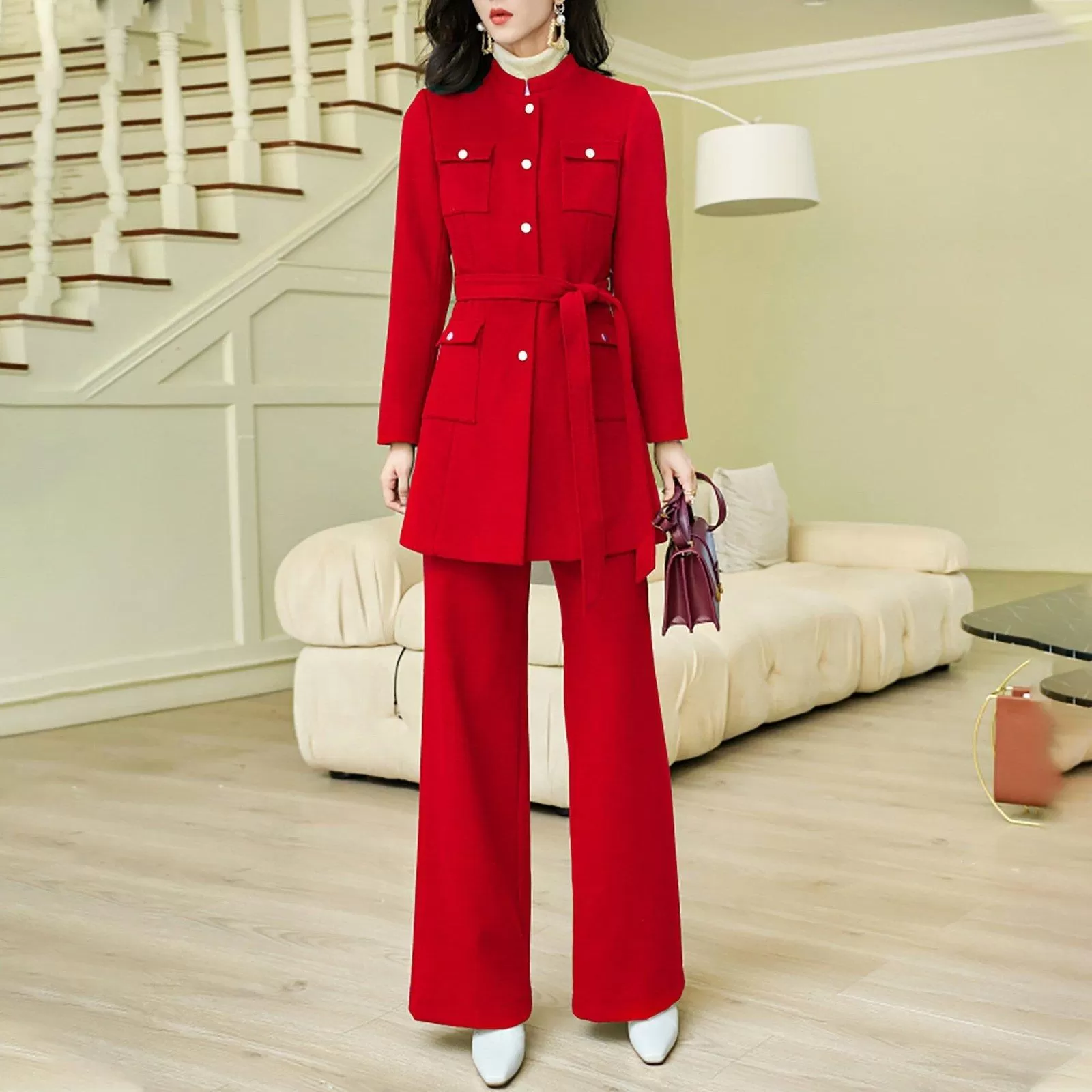 Carol Wool Blend Collarless Belted Jacket & Pant Set