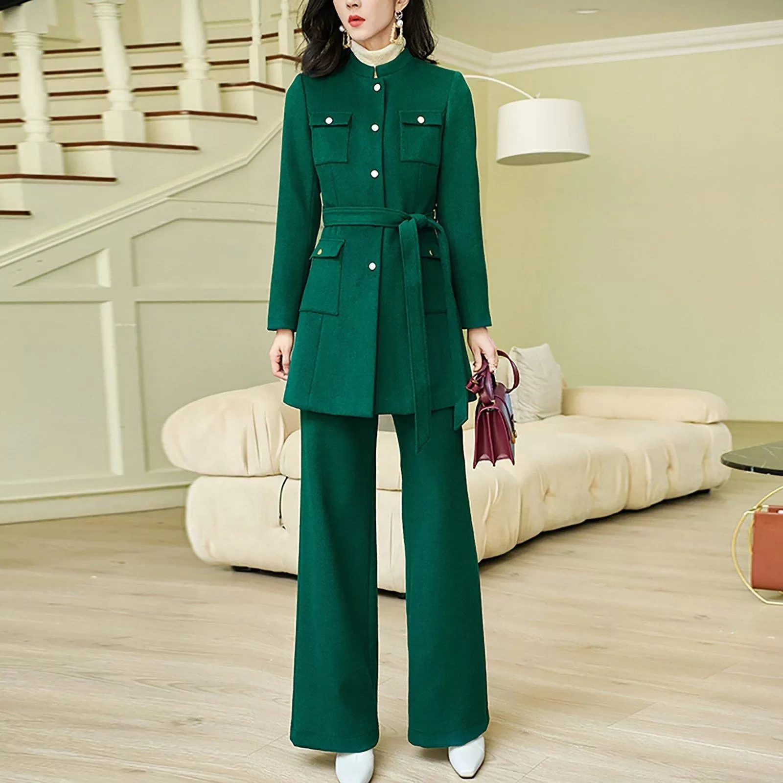 Carol Wool Blend Collarless Belted Jacket & Pant Set