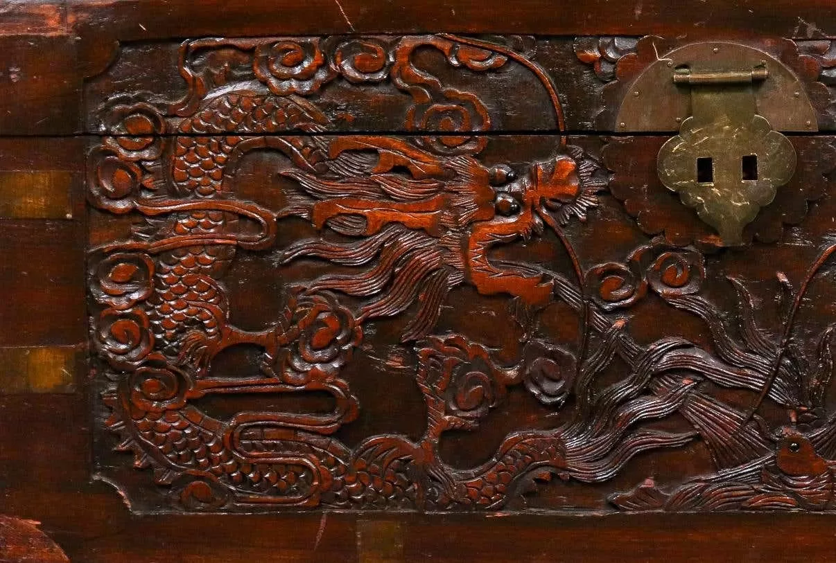 Chinese Dragon Carved Camphor Wood Trunk