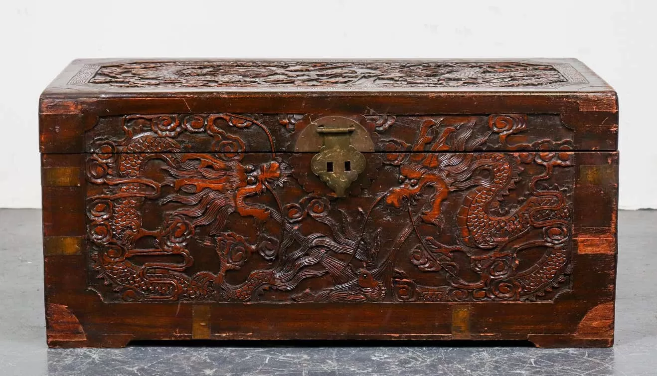 Chinese Dragon Carved Camphor Wood Trunk