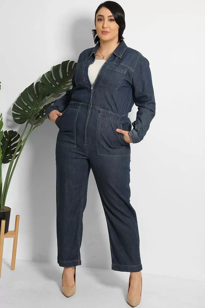 Cropped Leg Zipped Denim Jumpsuit