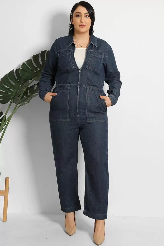 Cropped Leg Zipped Denim Jumpsuit